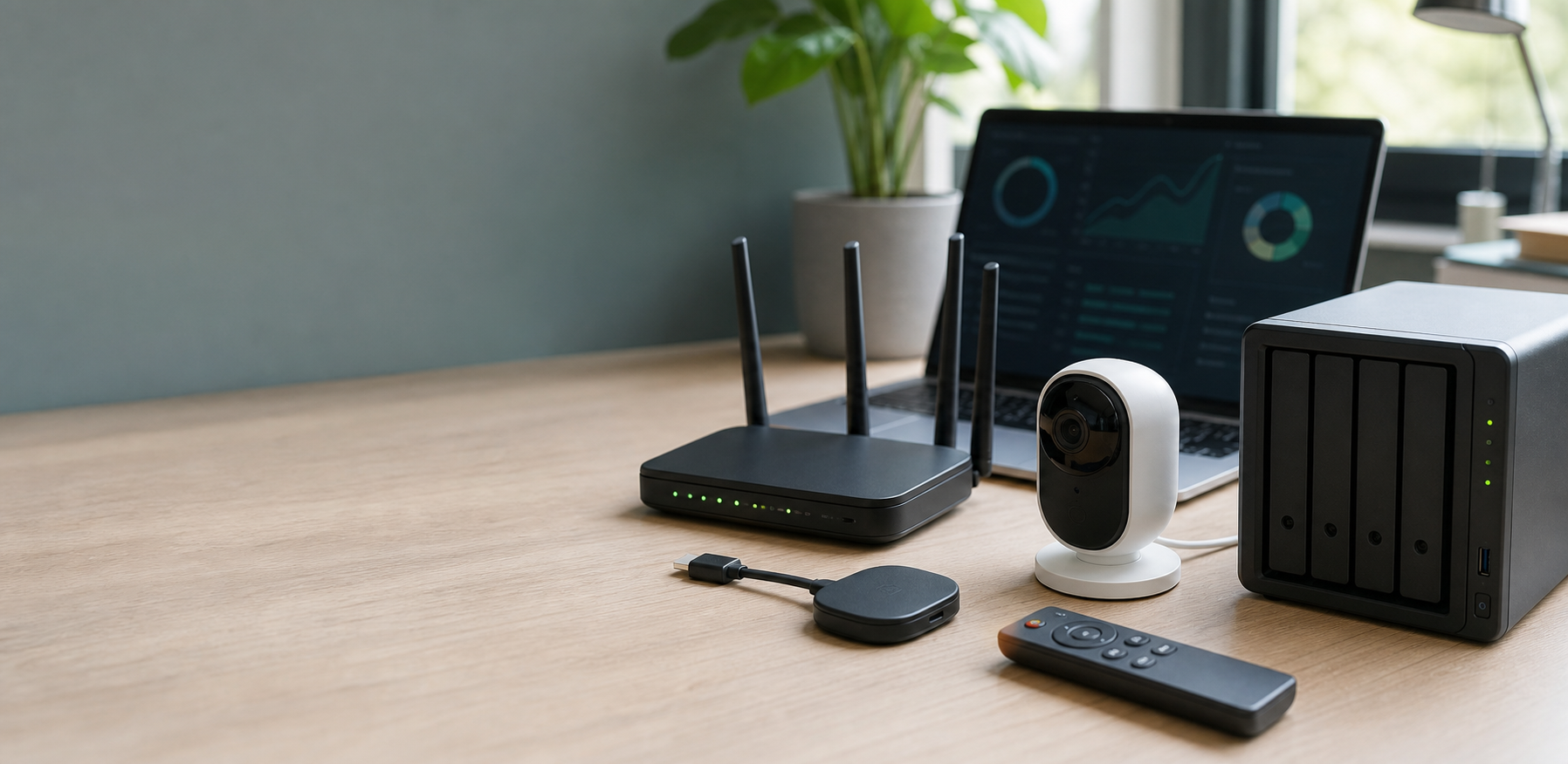 Router, camera, streaming dongle, TV remote and NAS inspected on a diagnostic desk.